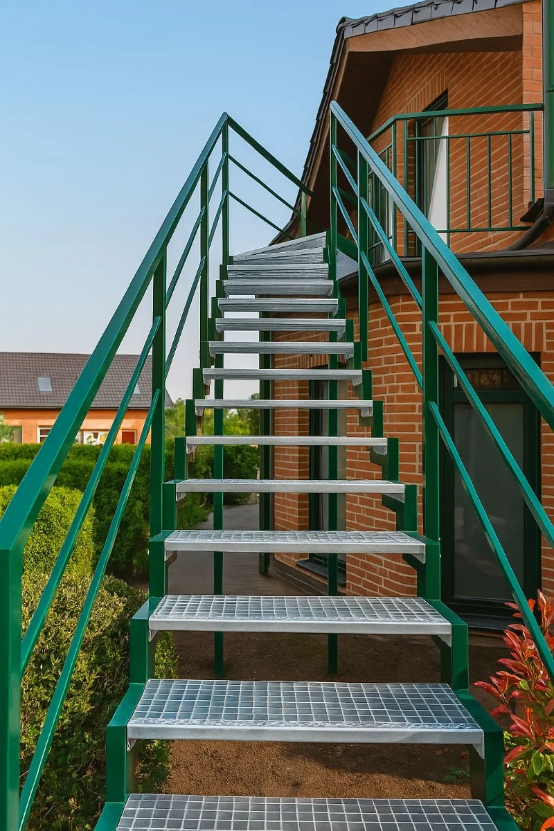 Grüne Metall-Außentreppe mit Gitterrost-Stufen und Geländer an einem roten Backsteinhaus