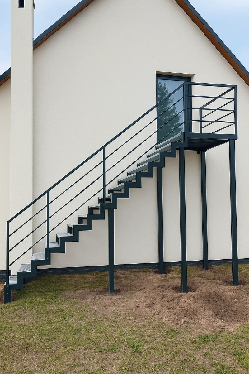 Außentreppe aus anthrazitfarbenem Stahl mit Podest und Geländer an weißer Hausfassade
