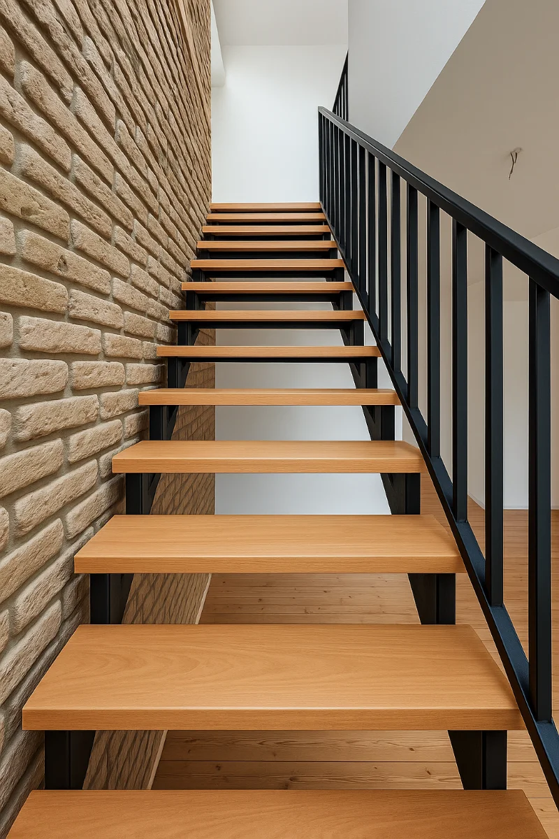 Offene Holzwangentreppe mit schwarzem Geländer vor heller Backsteinwand im Innenraum
