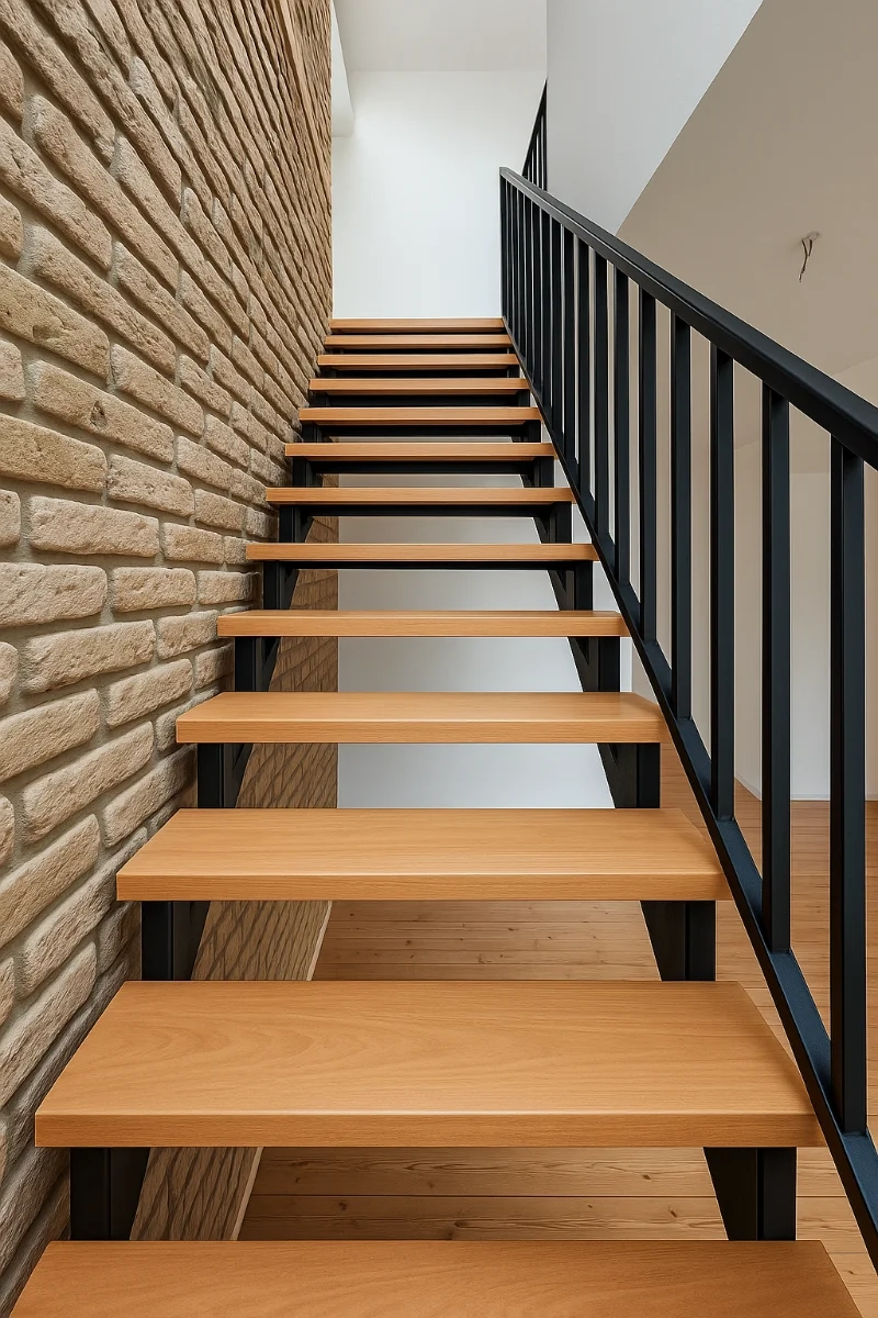 Moderne offene Treppe mit hölzernen Stufen und schwarzem Metallgeländer an Ziegelwand