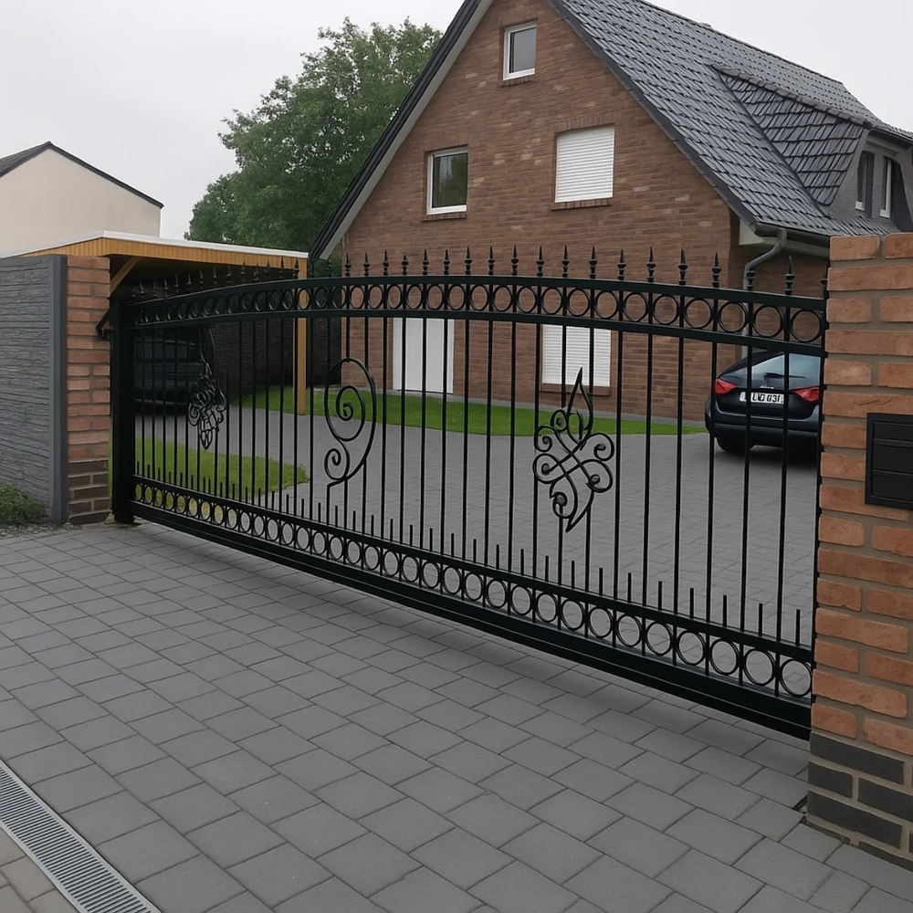 Schwarzes, schmiedeeisernes Schiebetor mit dekorativen Ornamenten vor Einfamilienhaus, Individuelle zäune