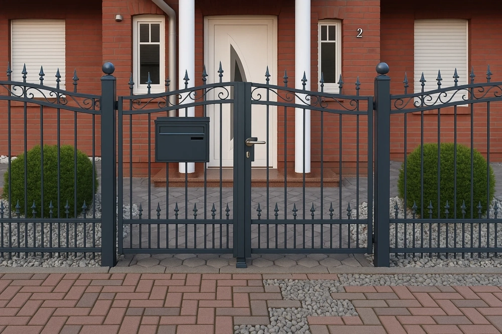 Schmiedeeiserner Metallzaun mit Tor und integriertem Briefkasten vor Hauseingang, individuelle zäune