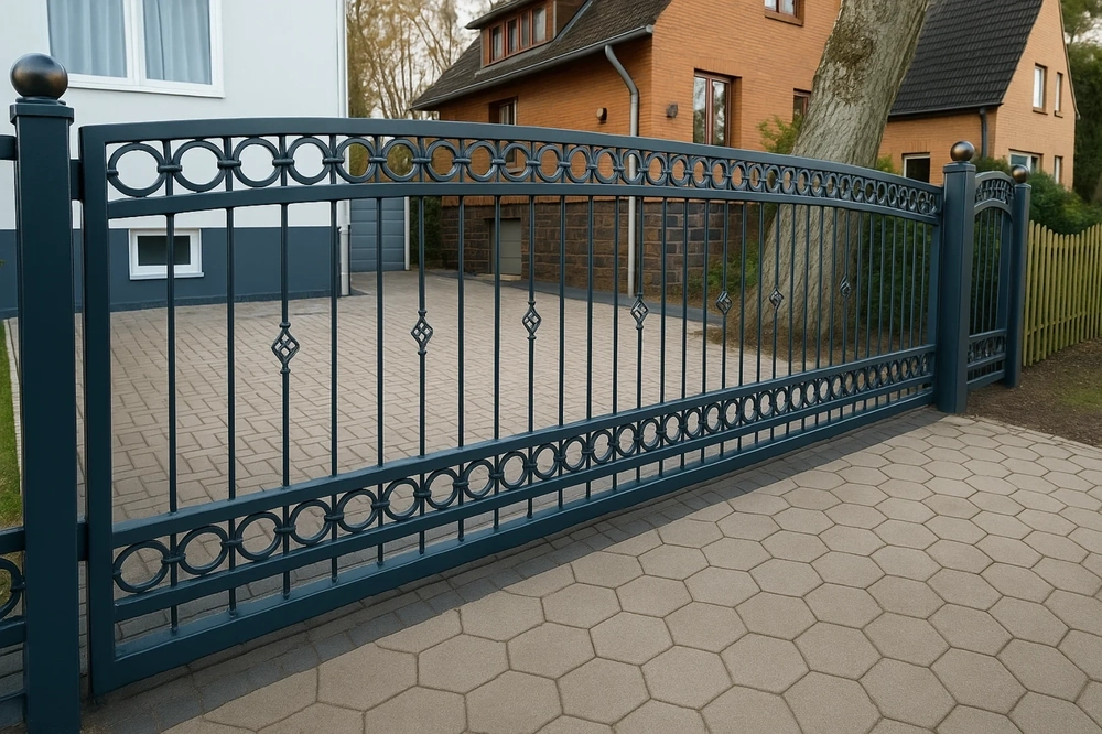 Schiebetor aus schwarzem Stahl mit Kreisornamenten vor Einfamilienhaus – Individuelle zäune